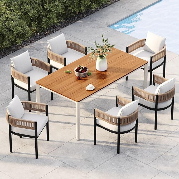 Grand patio 7-Piece Outdoor Dining Set for 6, Metal Woven Wicker Fixed Patio Chairs with Thickened Cushions & 1 Walnut-Like Aluminum Dining Table for Backyard Deck GrandPatio