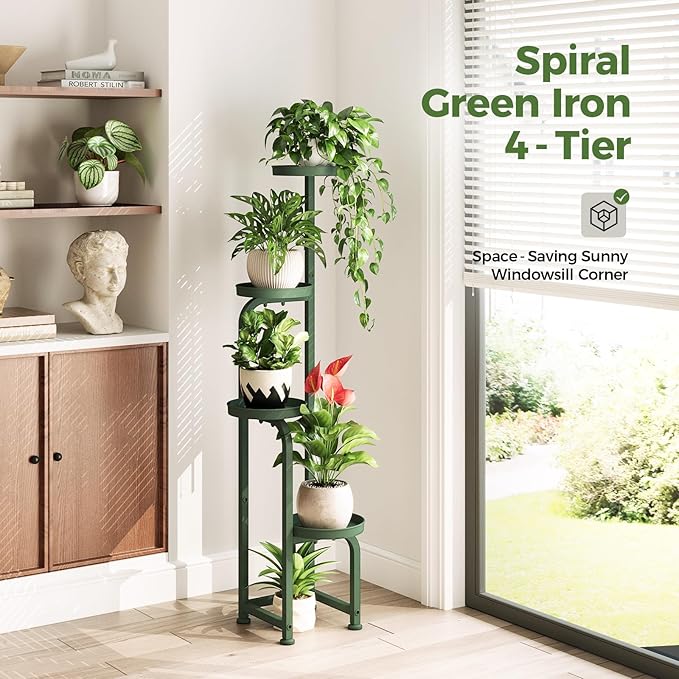 Bamworld Corner Plant Stand Indoor Outdoor, Tall Metal Flower Pot Stands for Multiple Plants, 4 Tier Dark Green Heavy Duty Plant Shelf for Patio Garden Balcony Living Room Bedroom(Patent Design) Bamworld