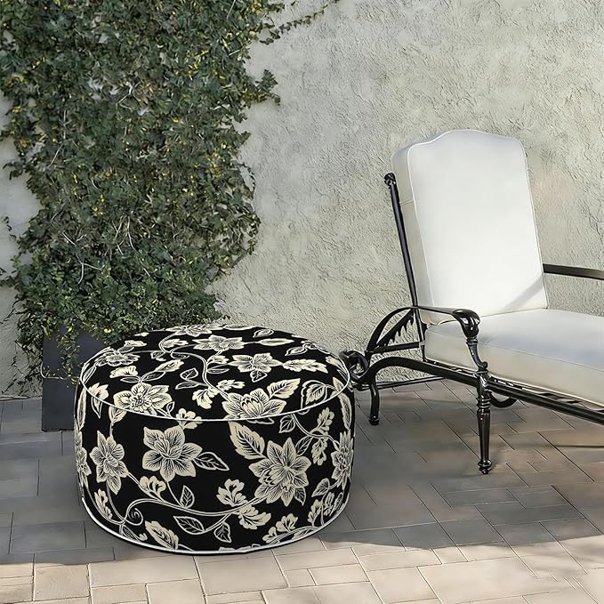 LVTXIII Indoor/Outdoor Extra Large Inflatable Ottoman Pouf D31 x H14 Inch, Round Footstool with Handle, Weather-Resistant Portable Furniture for Patio, Camping, Beach, Elegant Vines Black LVTXIII