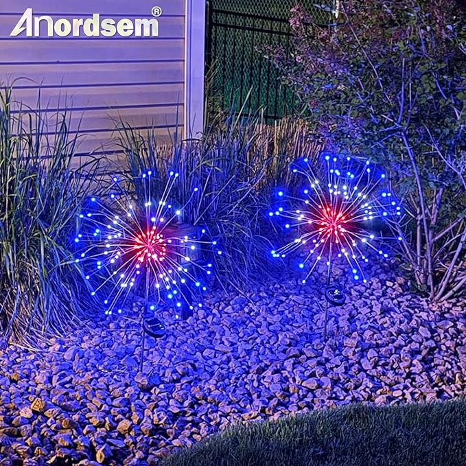 Anordsem Solar Garden Lights Outdoor: Bendable Copper Wire with 120 LED Firework Beads - Waterproof 2 Red Lighting Modes for Yard Patio Path - Gardening Gifts for Homeowner Gardener Anordsem