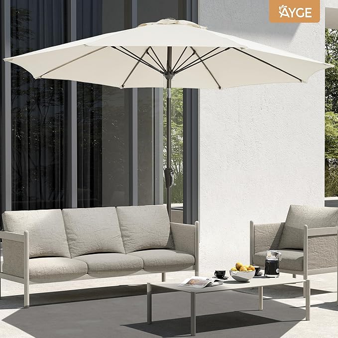 Ayge 9FT Large Outdoor Patio Umbrella Market Table Umbrella-UV Resistant, Easy Push Button Tilt and Crank, 8 Sturdy Fiberglass Ribs Heavy-Duty Pool Umbrella for Deck, Backyard,Garden,White AYGE