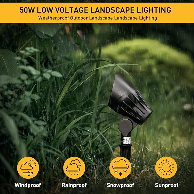 Malibu Landscape Lighting Outdoor 50W Spotlight Waterproof Halogen Floodlight Low Voltage Lights 380Lumen Warm White with Stake for Garden Yard Pathway Lawn Driveway Outdoor Lighting 6Pack 8301-9601 Rootora