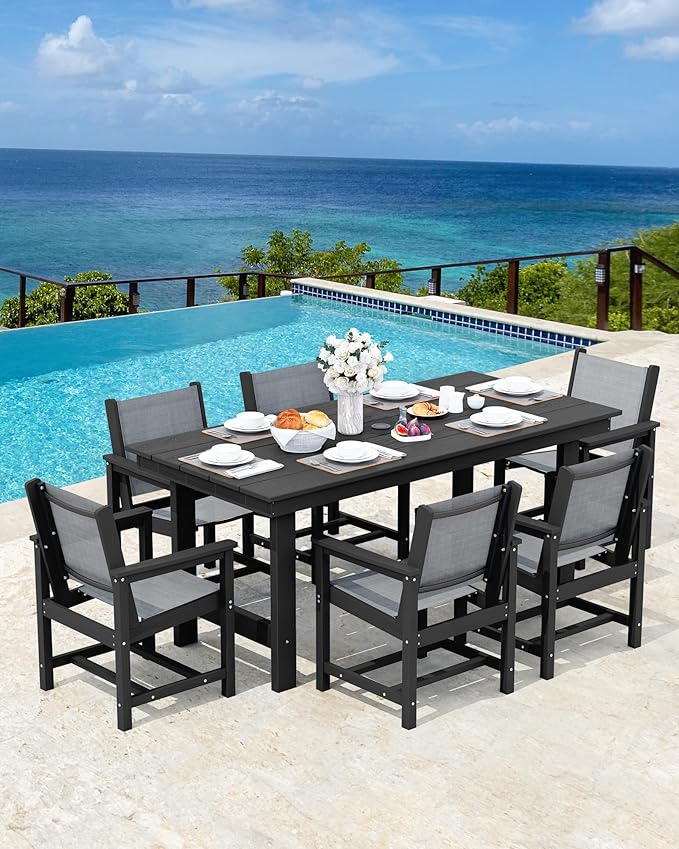 SERWALL Patio Dining Sets for 6, Outdoor HDPE Dining Set with Umbrella Hole Cut-Out Table and 6 Woven Chairs, Black SERWALL