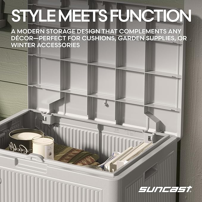 Suncast 22-Gal. Resin Small Outdoor Patio Deck Box with Reeded Design, Modern Outdoor Patio Bench/Storage Box for Cushions, Garden Tools, and More, French Gray Suncast