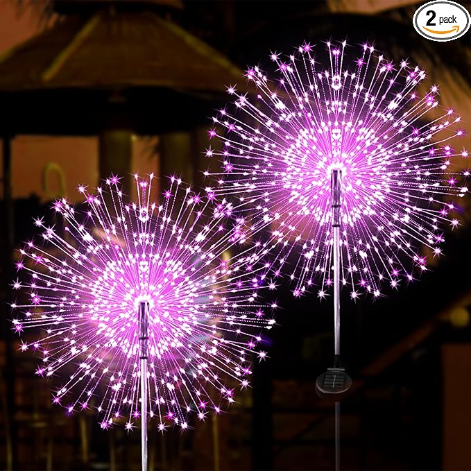 JJGoo Solar Firework Lights, 2 Pack 120 LEDs 2 Lighting Modes Solar Garden Lights Outdoor Waterproof for Yard Patio Walkway Pathway Party Wedding Christmas Decorative - Pink JJGoo