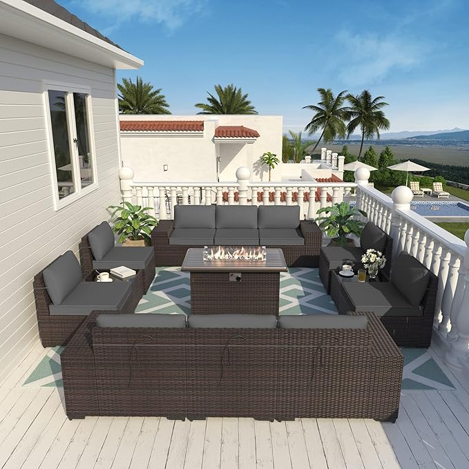ALAULM 13 Pieces Outdoor Patio Furniture Set with Propane Fire Pit Table Outdoor Sectional Sofa Sets Patio Furniture 43" Gas Fire Pit Brown PE Rattan Patio Conversation Set w/10 Cushions (Grey) ALAULM