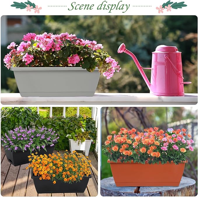 12Pcs 17Inches Rectangle Planter Box with Drainage Holes and Trays Plastic Planters Flower Boxes Pots for Indoor Outdoor Plants Patio Garden Home Decor Porch Yard (Black) Lysjtsr