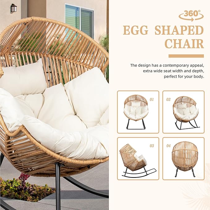 Vongrasig Wicker Egg Chair PE Rattan Rocking Chair with Cushion, Oversized Patio Lounge Rocker Chair for Outdoor, Indoor, Balcony, Backyard, Garden, Beige Vongrasig