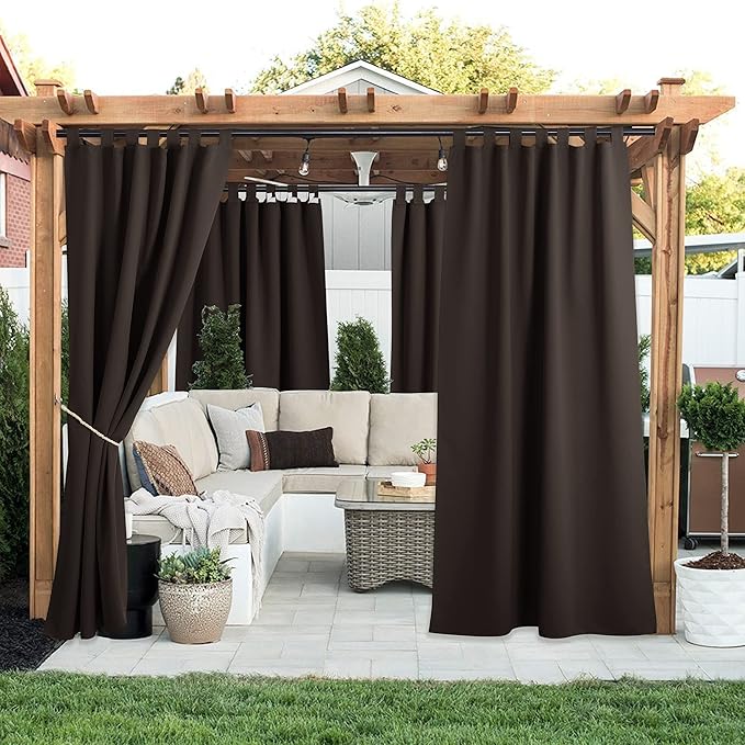 NICETOWN 2 Panels Blackout Outdoor Curtains for Patio Waterproof, Detachable Tab Top Cabana Curtainss Room Darkening Thermal Insulated Blind for Outdoor Living Divider, W52 x L108, Toffee Brown NICETOWN