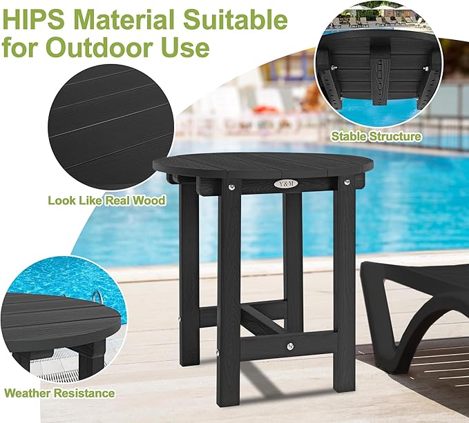 Y&M Outdoor Side Table, Waterproof Four-Legged Round Entryway End Table, Single-Tier HDPE Modern Small Coffee Nightstand for Bedroom, Living Room, Patio, Indoor or Outdoor Use, Black YM
