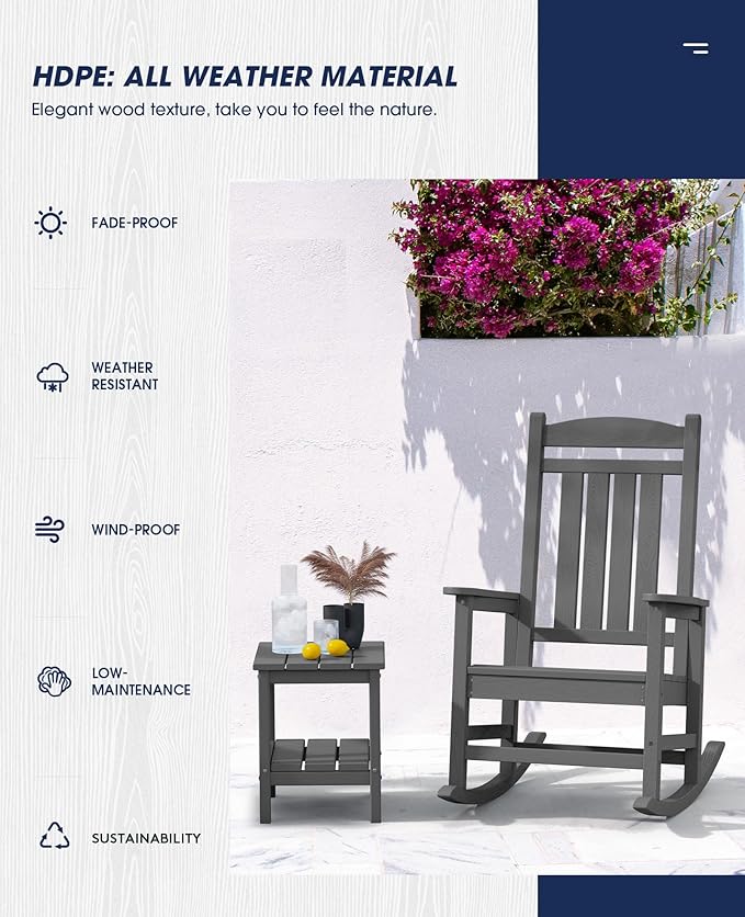 KINGYES Outdoor Rocking Chairs, HDPE All-Weather Patio Rocking Chairs High Back Porch Rocker for Adult, Gray KINGYES