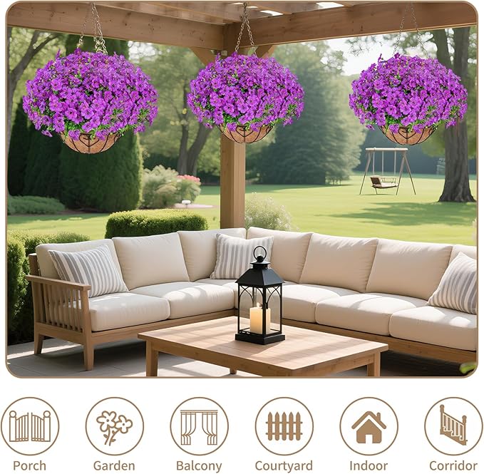 Artificial Hanging Flower for Outdoors, Fake Hanging Basket for Outside,1 Hanging Basket with 13 Pcs Faux Silk Flowers for Porch, Balcony and Patio Decor(Purple) LetuoClipsClipsandHooks