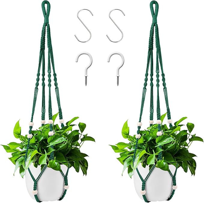 Augshy Macrame Plant Hangers Dark Green Hanging Planters for Indoor Outdoor Home Decor, Hanging Plant Holder No Tassels Set of 2 with 4 Hooks Augshy