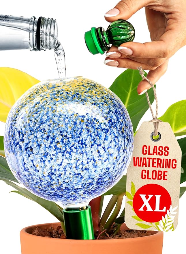 16 Oz Plant Watering Globes for Indoor Plants with Metal Self Watering Planter Insert - Premium XL Glass Hand-Blown Globe - Automatic Plant Waterer Indoor, Gift Idea for Gardener [1 Globe, Blue Gold] GARDENBRO