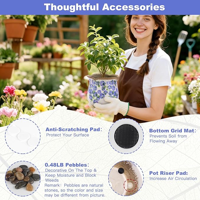 Ceramic-Planters-for-Indoor-Plants with Saucer, 6 inch Vintage Ice Crackle Glaze Plant Pots with Drainage Holes, Decorative Flower Pots for Outdoor Garden Home Decor, Tuscan Pot for Plant Xoogifae