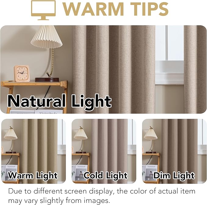 H.VERSAILTEX Linen Curtains 100% Blackout Curtains for Bedroom 63 inch Long Full Light Blocking Nature Linen Blended Window Curtains for Living Room Nickel Grommet (2 Panels, Heathered Sand) HVERSAILTEX