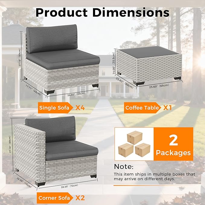 6-Piece Outdoor Patio Furniture Set, All-Weather Wicker Sectional Sofa with Deep Seating 4” Cushions, Heavy-Duty Steel Frame, Modular Rattan Couch for Backyard, Deck & Garden, Black MASIONBACKYARDS