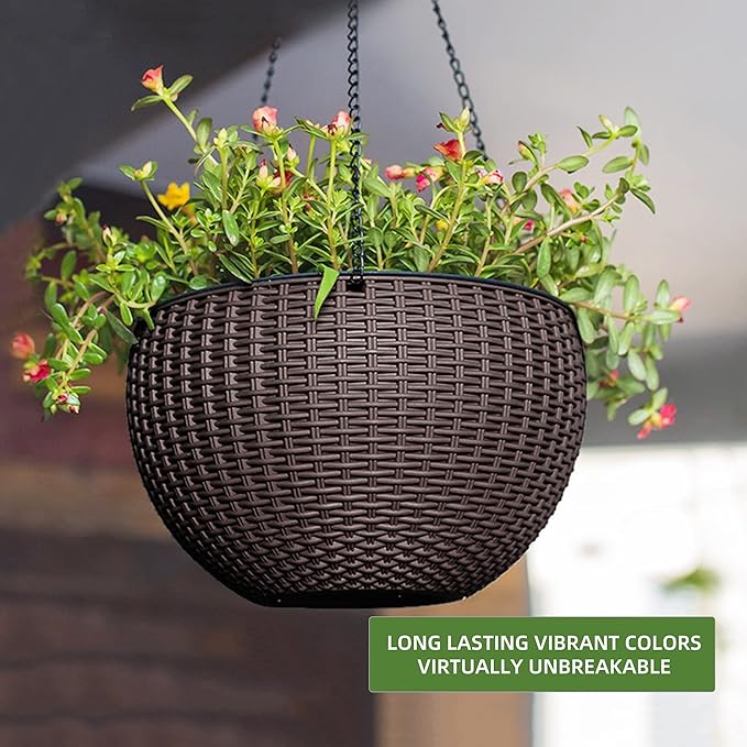 Dexceder 13.5 Inch Large Self Watering Hanging Planters Indoor Outdoor, Thickened Hanging Basket Flower Plant Pot with Water Level Indicator (Brown) Dexceder