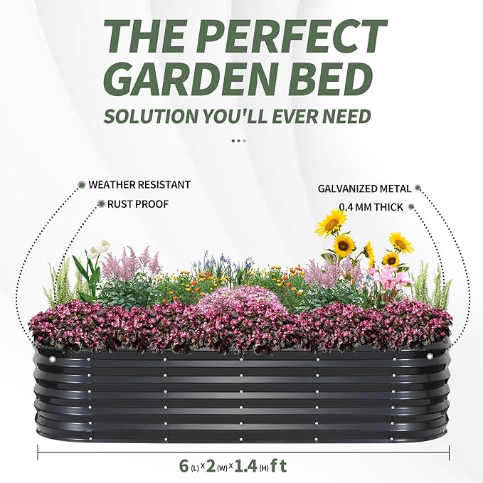 1MORE Galvanized Raised Garden Bed- Planter Garden Boxes Outdoor, Raised Beds for Gardening, 6x2x1.4ft Metal Garden Bed Kit for Vegetables Flower, Planter Raised Bed with Protective Tape.Grey-2pcs 1MORE