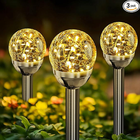 SOLPEX Solar Garden Lights String - 3 Pack Warm White, Solar Powered Cracked Glass Ball, Waterproof for Outdoor & Patio Decoration Solpex