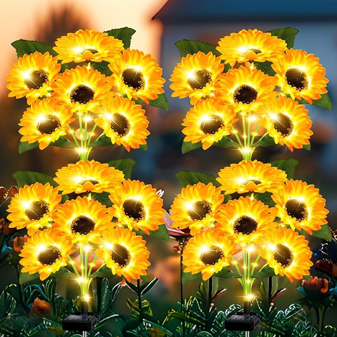 Solar Lights Outdoor Garden Decor,4 Pack with 24 Sunflower Lights,Solar Flowers Lights Waterproof,Birthday Gifts for Mom Women Grandma,Outside Decorative Stakes Light for Landscape Yard Patio Lawn EDOF