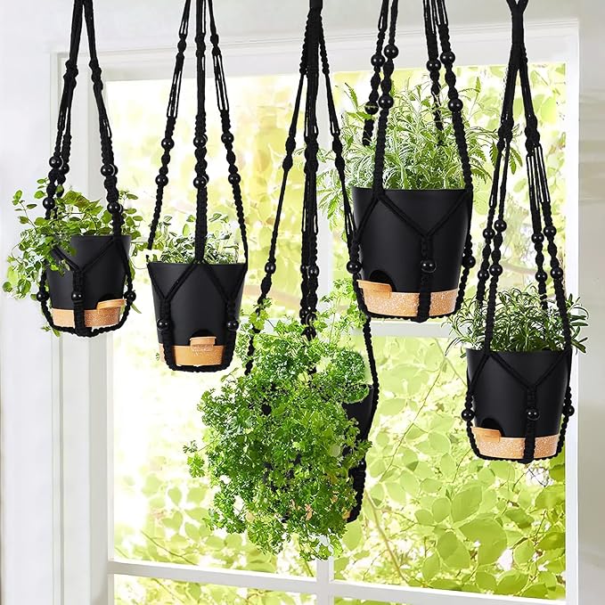 GARDIFE Hanging Planters for Indoor Plants,5Pcs Hanging Basket for Indoor Boho Home Decor,Macrame Plant Hanger,35 Inches,29Inch,23Inch, Ivory,Self Watering Planters, 7/6.5/6/5.5/5 Inch,Black&Black GARDIFE