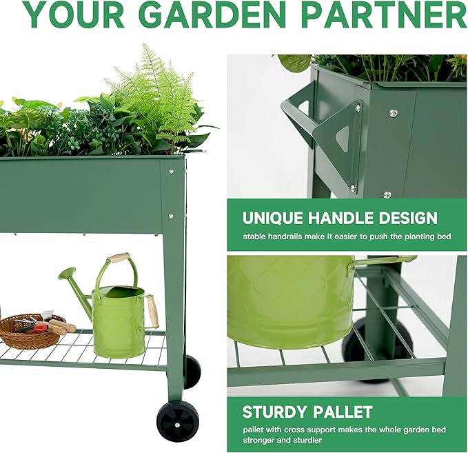 Raised Garden Bed with Legs and Wheels Removable for Outdoor, 31.6 * 14.6'' Metal Planter Raised Box for Growing Vegetables Herb Flower in Patio (Green) Rootora