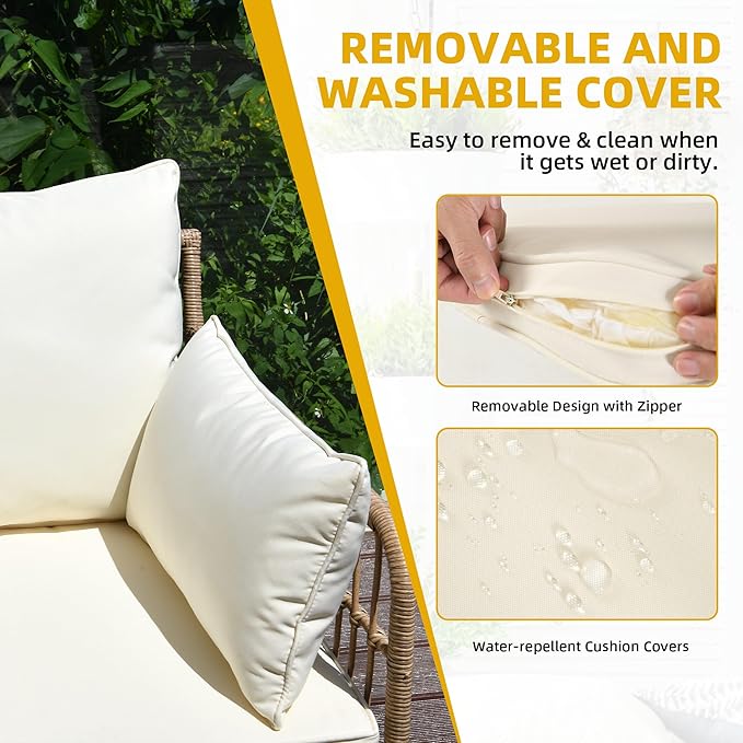 DWVO Patio Furniture Set, 4 Pieces Outdoor Patio Conversation Set, All-Weather PE Rattan Sectional L-Shaped Sofa with Soft Cushion and Side Table for Backyard, Porch, Boho Detachable Lounger (Beige) DWVO