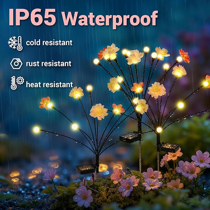 Solar Garden Lights, Warm White LED Swaying Solar Flowers Light for Outside, Waterproof Garden Decor, Outdoor Decorative Lights Yard, Patio, Pathway Decoration Gardening Gifts (4 Pack) PEVOROS