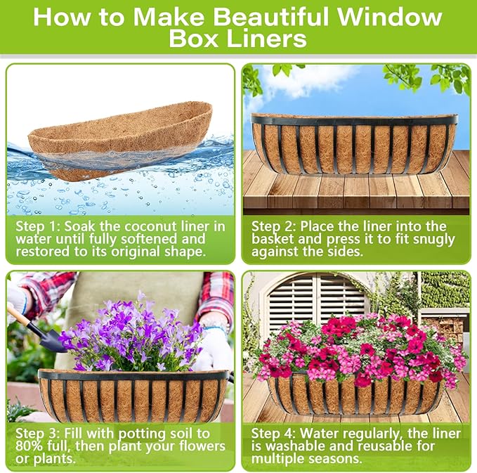 Legigo 4 Pack Trough Coco Liner for Planters- 30 Inch Window Box Liners Coconut Coir Basket Liners, Planter Box Coconut Liner for Window Flower Box Pots, Fence Trough Planter, Wall Planter Basket Legigo