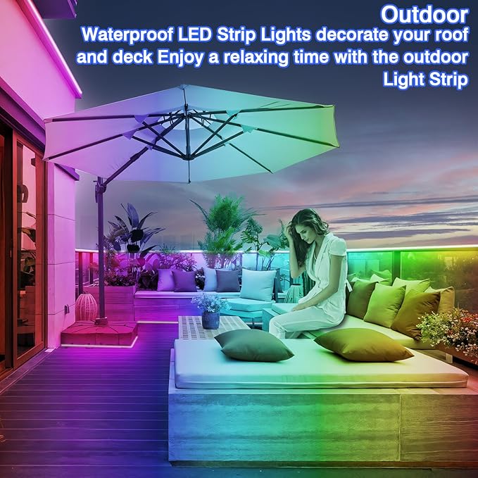 zoegi 500ft Outdoor LED Strip Lights Waterproof,Music Sync RGB IP68 Outside Led Light Strips Waterproof with App and Remote,Exterior Led Rope Lights for Deck,Balcony,Roof,Garden,Pool (500FT) Rootora