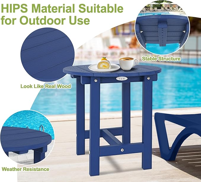 Y&M Outdoor Side Table, Waterproof Four-Legged Round Entryway End Table, Single-Tier HDPE Modern Small Coffee Nightstand for Bedroom, Living Room, Patio, Indoor or Outdoor Use, Navy Blue YM