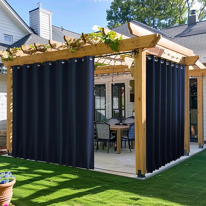 NICETOWN 2 Panels Outdoor Curtains for Patio, Waterproof & Windproof Grommet & Back Tab on Top & Bottom Thermal Insulated Sun Blocking Privacy Drapes with Rope for Pergola, Navy Blue, W100 x L84 NICETOWN