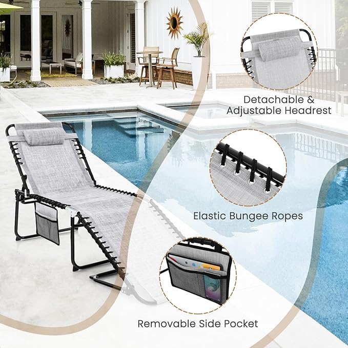 GYMAX Lounge Chairs for Outside, Extra High Folding Beach Tanning Lounger with Adjustable Backrest, Footrest & Removable Pillow, Sunbathing Lounge for Patio, Poolside (1, Grey with Pocket) GYMAX