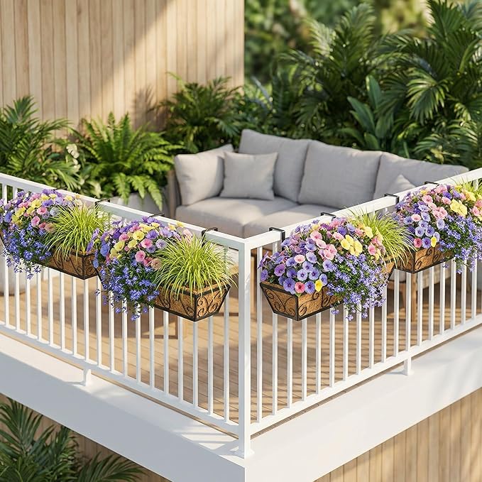 4pcs 30 Inch Window Deck with Coco Liner, 30" Window Boxes Horse Trough with Coconut Coir Liner, Metal Hanging Flower Planter Window Basket Deck Railing Planter Boxes for Outdoor Indoor Lawn LAWYAMAI