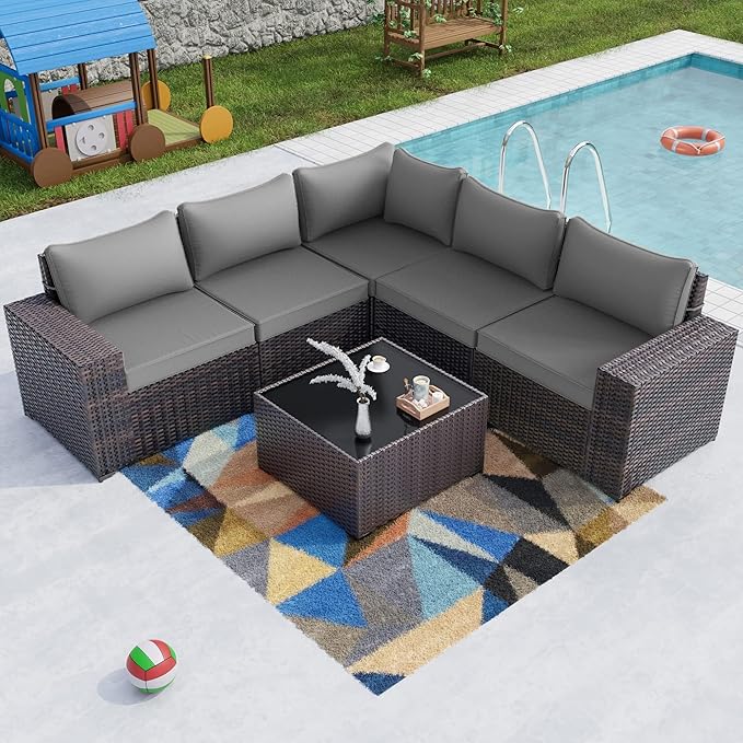 Kullavik 6PCS Outdoor Patio Furniture Set PE Wicker Rattan Sectional Sofa Patio Conversation Sets,Grey KULLAVIK