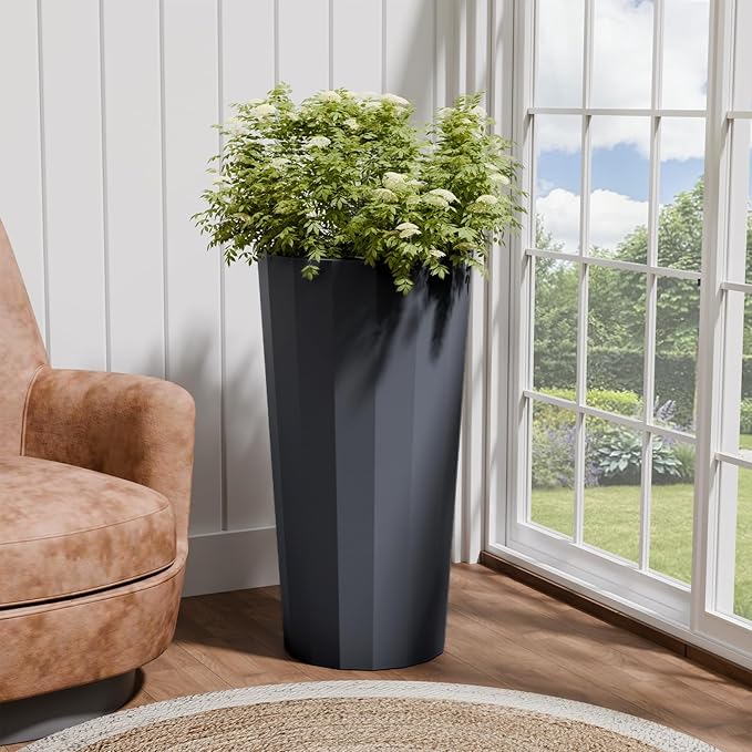 23.6" Tall Outdoor Planters Set of 2, Large Planters for Outdoor Plants for Porch Decor with Drainage Hole, Wide Stripe Design Porch Flower Pots for Indoor Pot Patio/Garden, Gray Blue Outdoorchairs