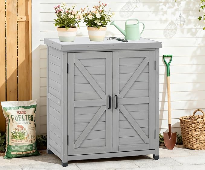 Outdoor Potting Bench with Storage Cabinet and Metal Top, Wood Workstation for Outdoor Patio, Garden (Classic Grey, 31x17x36‘’) Wood-Natrl