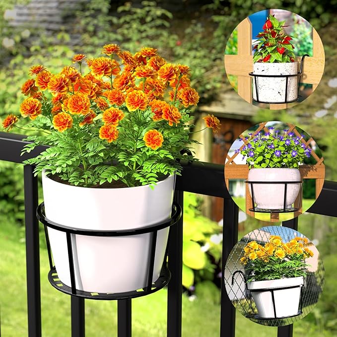 CADANI Iron Hanging Plant Holder Over The Rail Metal Fence Planters, Hanging Bucket Flower Pot Holder for Patio Balcony Outdoor Plants - Pack of 6 (Black) CADAINPlantStandOutdoor