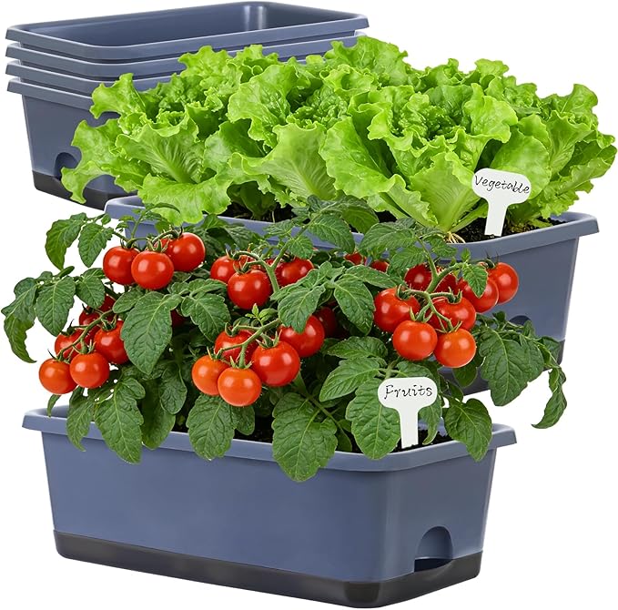 Window Box Planter 6 Pcs, 18 Inches Rectangle Flower Pots with Drainage Holes and Trays, Vegetable Planters for Windowsill Patio Garden Balcony Home Porch Yard Indoor Outdoor (Grey, 18*10*6 inch) Oliz
