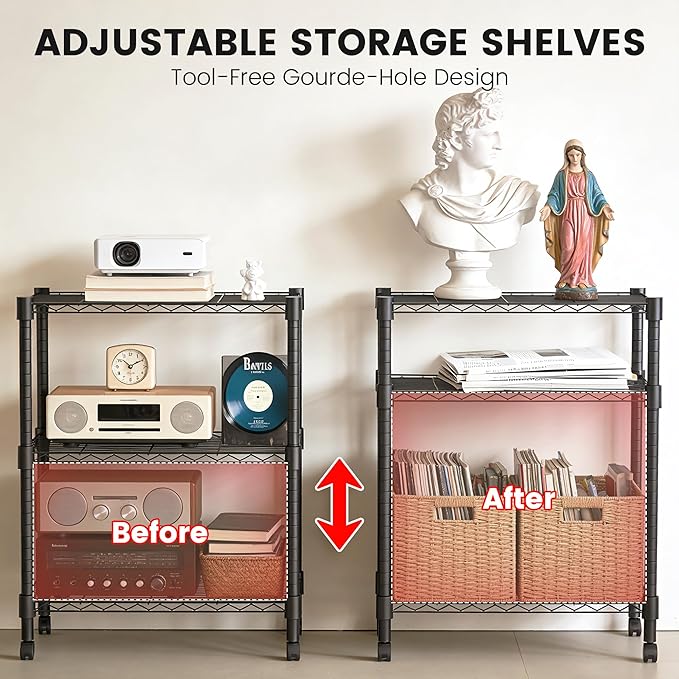 Xcity Storage Shelves, 3 Tier Heavy Duty Metal Shelving Unit with Wheels, 1050 LBS Capacity Adjustable Steel Wire Shelf Organizer for Pantry, Kitchen, Garage, 14" D x 24" W x 30" H, Black Rootora