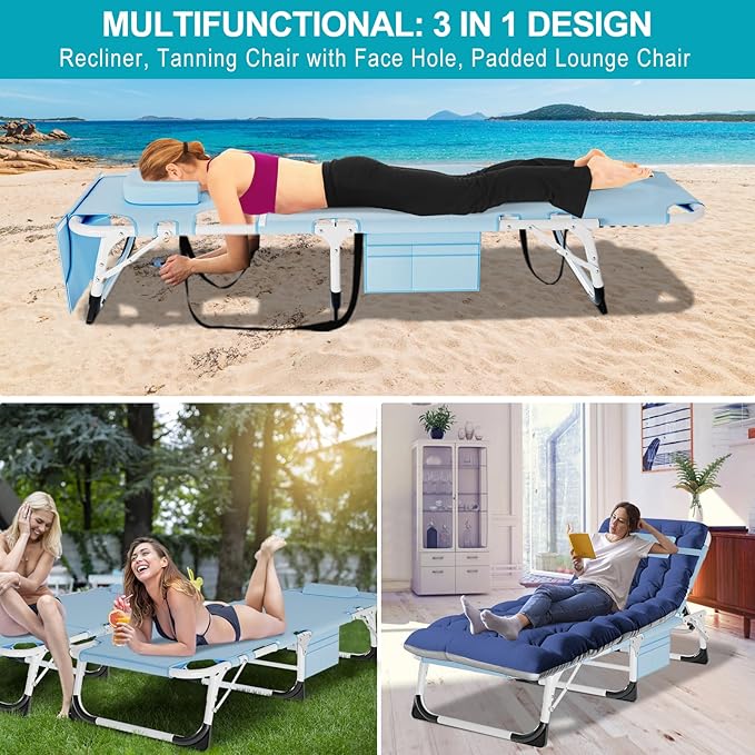 ABORON 3 in 1 Sun Tanning Chair Oversized with Mat&Face Arm Hole,Heavy Duty Folding Chaise Lounge Chairs,5-Position Outdoor Lounge Chair/Pillow, for Beach, Pool, Lawn, Yard, Patio ABORON