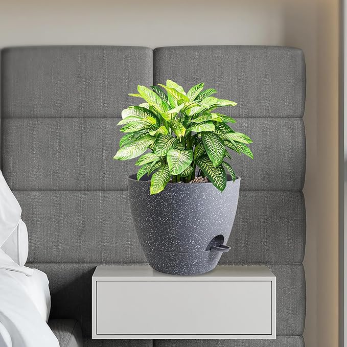 12 inch Large Self Watering Pots, Planter, Plant Pots with Mesh Drainage Holes for Indoor Outdoor House Plants and Garden, Plastic Flower Pots with Deep Reservoir, Speckled Grey WSMKSZ