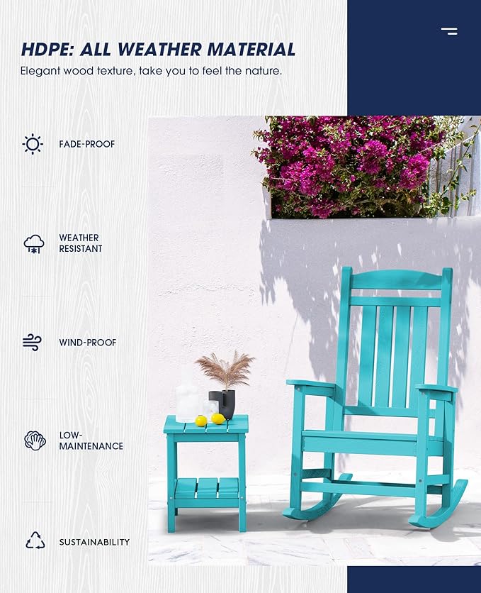 KINGYES HDPE Outdoor Rocking Chair Set of 4, All-Weather Poly Patio Rocking Chairs with 330lbs Support for Adults, Aruba Blue KINGYES