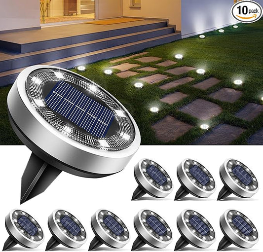 btfarm 10 Pack Solar Lights Outdoor, 8 LED Solar Ground Lights IP65 Waterproof Flat Solar Disc Light, Pathway Lights for Garden Lawn Patio Yard Path Landscape, Cool White btfarmdecorativelighting