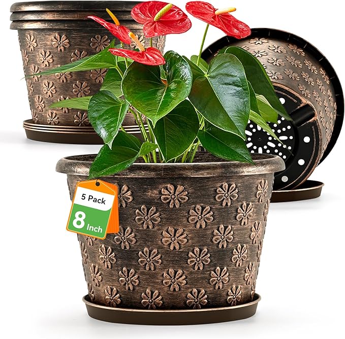 8 Inch Planter Pots for Plants, Plastic Flower Pots Indoor Outdoor, 5 Pack Resin Plant Pot with Drainage & Saucer, Retro Decorative Garden Pot with Removable Trays for House FlowyypoPlantPot