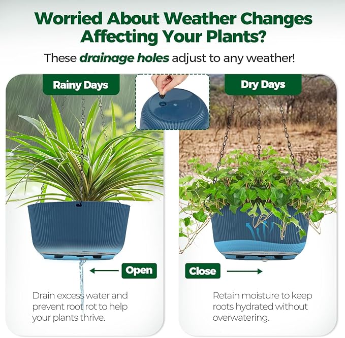 T4U 10 Inch Hanging Planters for Indoor Outdoor Plants, Hanging Baskets for Plants Pack of 2, Self Watering Hanging Pots with Drainage Hole for Garden Home Decor, Blue T4U