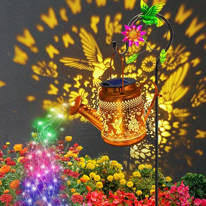 2 Pack Solar Lanterns Outdoor Waterproof,Hummingbird Watering Can Garden Decor,Hanging Solar Path Lights Yard Art,Outside Patio Decorations Gardening Christmas Gifts for Mom Grandma Women (with Hook) YJFWAL