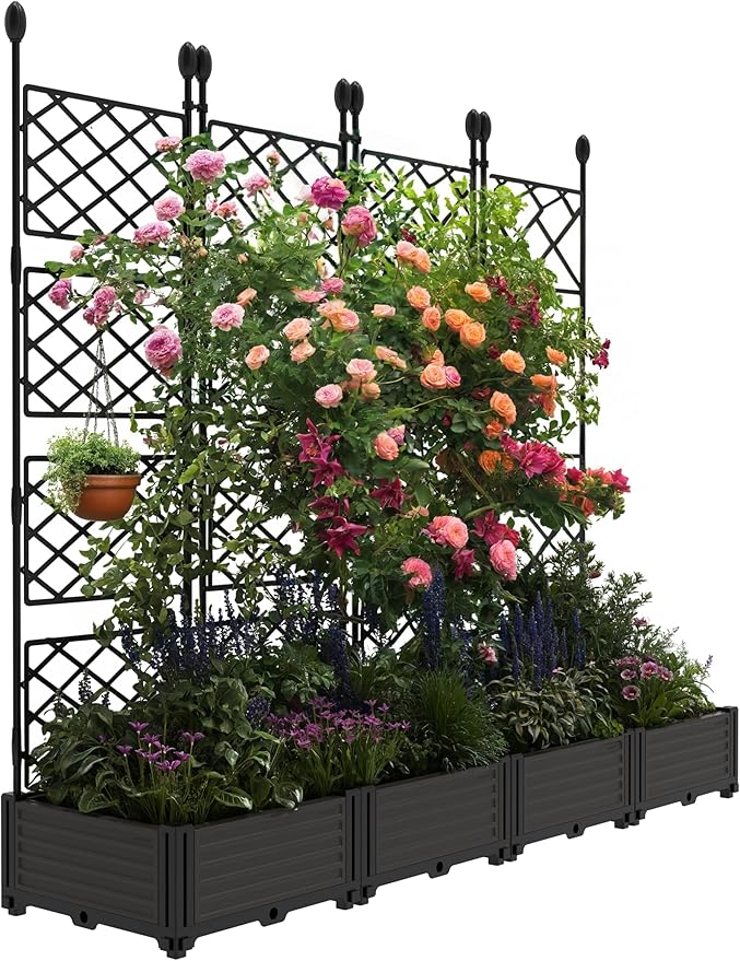 4 PCS Raised Garden Bed with Trellis & Privacy Screen, 66"w x 63"Tall Vertical Garden Planter Box for Climbing Plants - Sturdy Lightweight Outdoor Planter for Vegetables, Flowers on Patio, Balcony Rootora