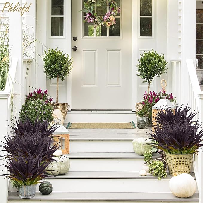 6Pcs Artificial Grass Fake Grass Plants 17.3in Outdoor Plants UV Resistant Faux Greenery Stems for Home Window Garden Office Patio Pathway Front Porch Halloween Décor Light Green & Purple Phliofd